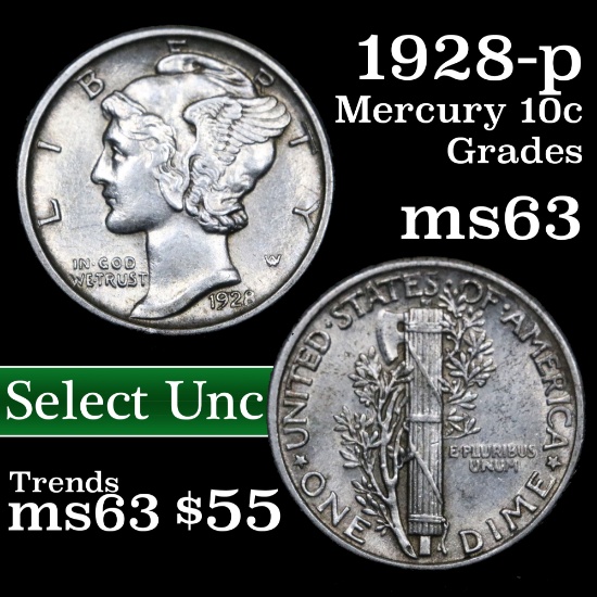 1928-p Mercury Dime 10c Grades Select Unc