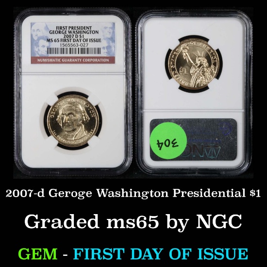 NGC 2007-d George Washington, First day of Issue Presidential Dollar $1 Graded ms65 by NGC