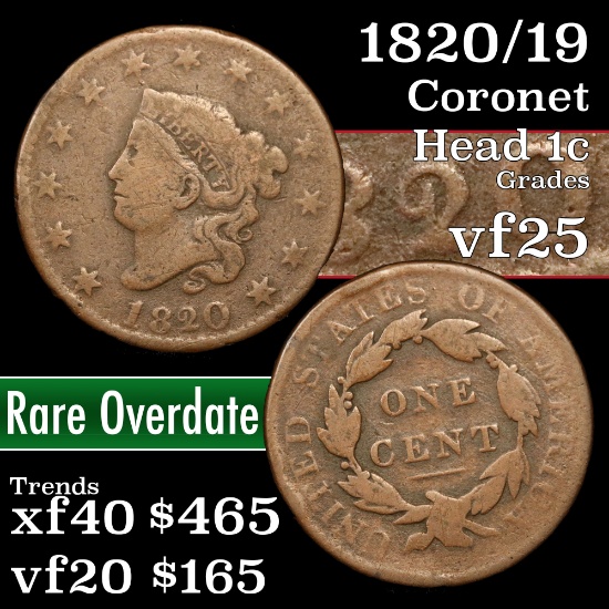 1820/19 Coronet Head Large Cent 1c Grades vf+ (fc)