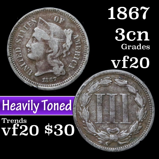 1867 Three Cent Copper Nickel 3cn Grades vf, very fine