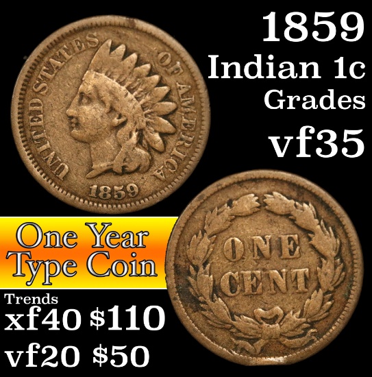 1859 Indian Cent 1c Grades vf++