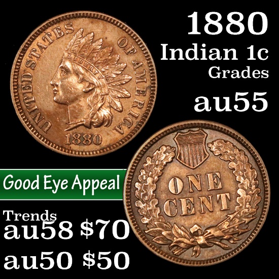 1880 Indian Cent 1c Grades Choice AU