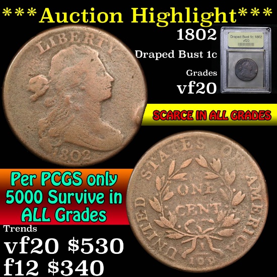 ***Auction Highlight*** 1802 Draped Bust Large Cent 1c Graded vf, very fine by USCG (fc)