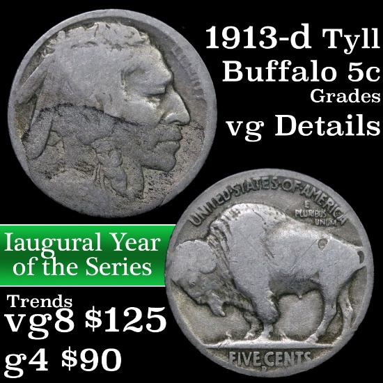 1913-d Ty II Buffalo Nickel 5c Grades vg details