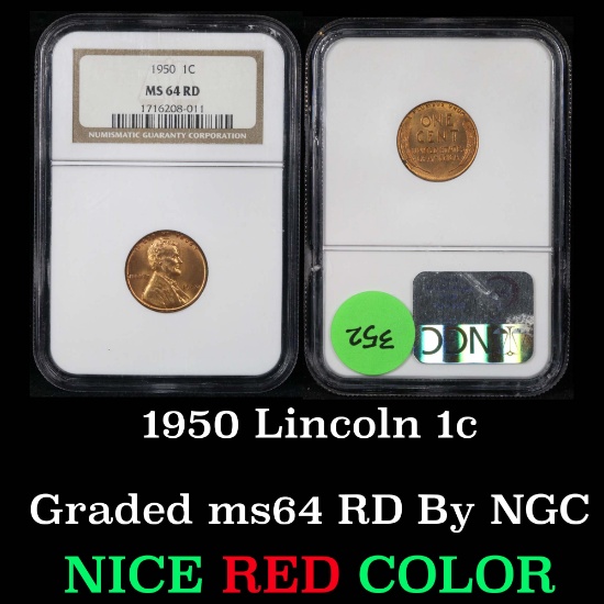 NGC 1950-p Lincoln Cent 1c Graded ms64 RD by NGC