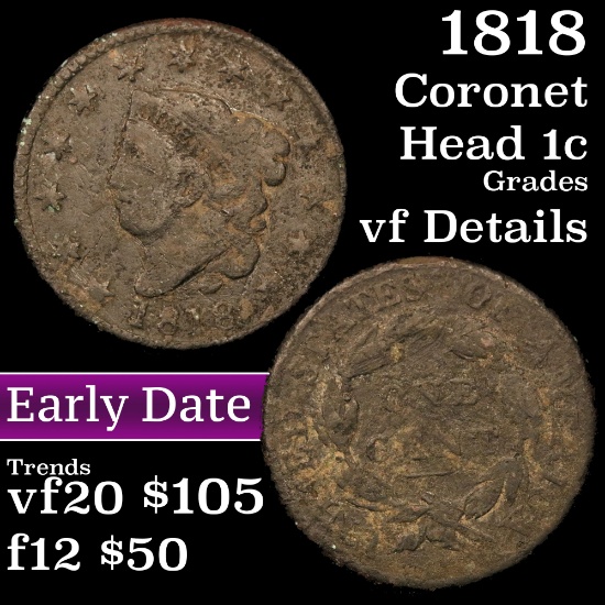 1818 Coronet Head Large Cent 1c Grades vf details