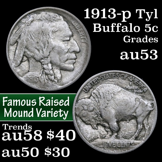 1913-p TY I Buffalo Nickel 5c Grades Select AU