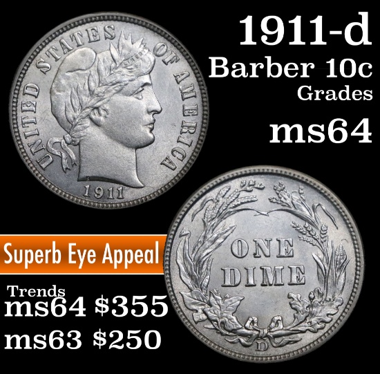 1911-d Barber Dime 10c Grades Choice Unc (fc)