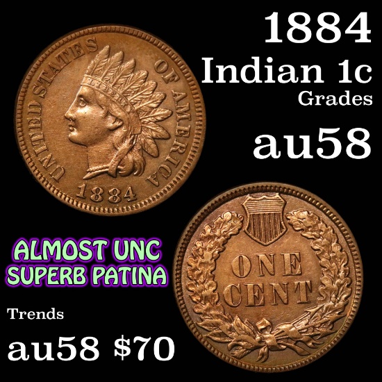 1884 Indian Cent 1c Grades Choice AU/BU Slider