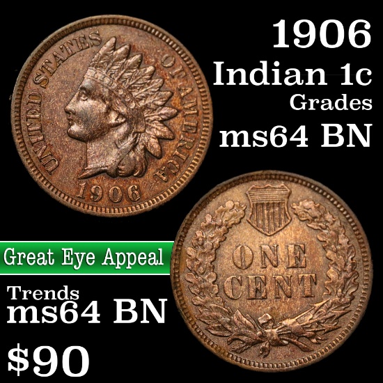 1906 Indian Cent 1c Grades Choice Unc BN