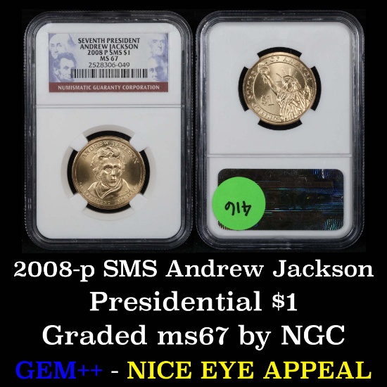 NGC 2008-p SMS Andrew Jackson Presidential Dollar $1 Graded ms67 by NGC
