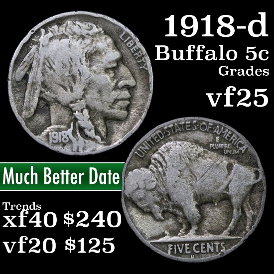 1918-d Buffalo Nickel 5c Grades vf+