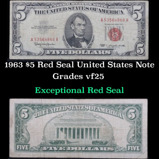 1963 $5 Red seal United States Note Grades vf+