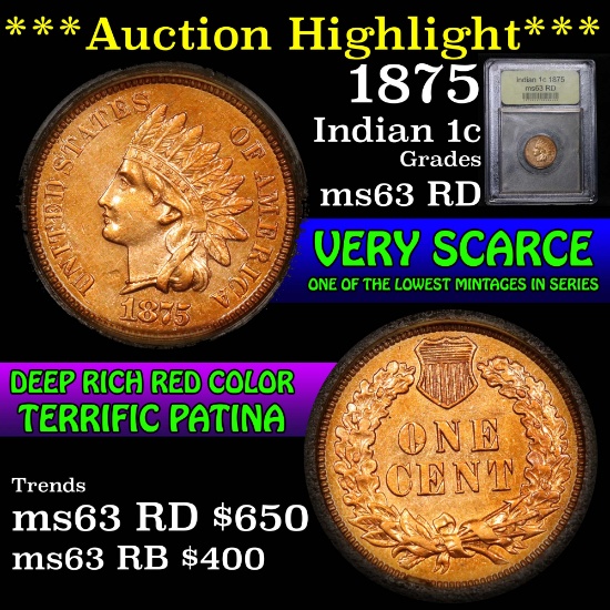 ***Auction Highlight*** 1875 Indian Cent 1c Graded Select Unc RD by USCG (fc)
