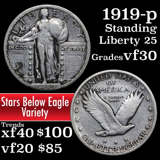 1919-p Standing Liberty Quarter 25c Grades vf++