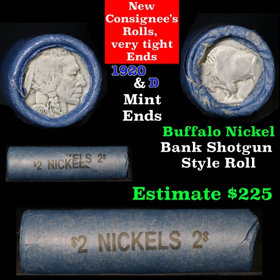 Full roll of Buffalo Nickels, 1920 on one end & a 'd' Mint reverse on other end (fc)