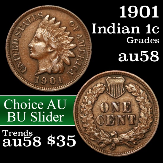 1901 Indian Cent 1c Grades Choice AU/BU Slider