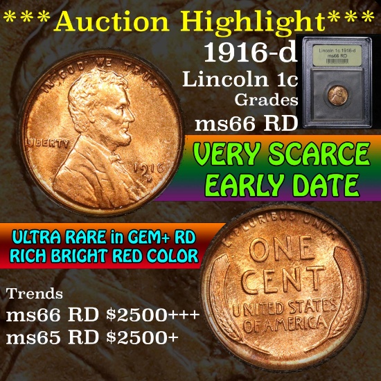 ***Auction Highlight*** 1916-d Lincoln Cent 1c Graded GEM+ Unc RD by USCG (fc)