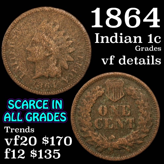 1864 L Indian Cent 1c Grades vf details