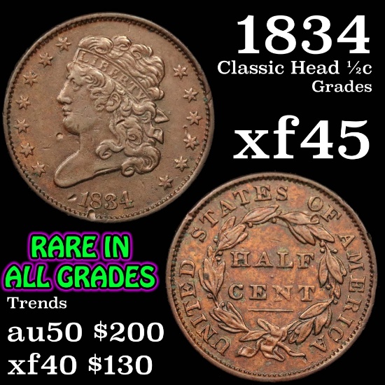 1834 Classic Head half cent 1/2c Grades xf+