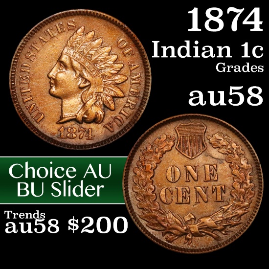 1874 Indian Cent 1c Grades Choice AU/BU Slider