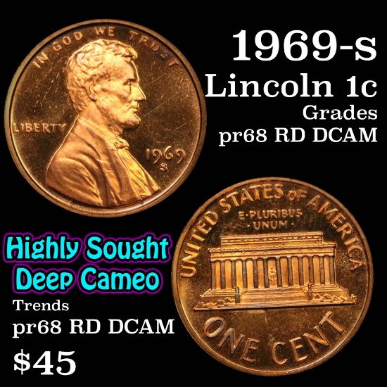 1969-s Lincoln Cent 1c Grades Gem++ Proof Red Deep cameo