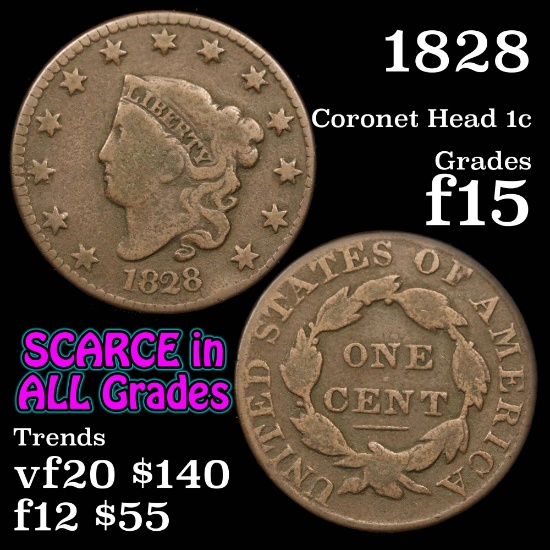 1828 Lg Date Coronet Head Large Cent 1c Grades f+