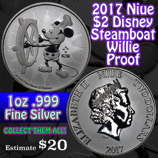 2017 Niue $2 Disney Steamboat Willie proof 1 oz .999 Silver Round