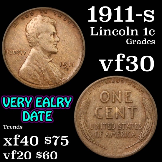 1911-s Lincoln Cent 1c Grades vf++