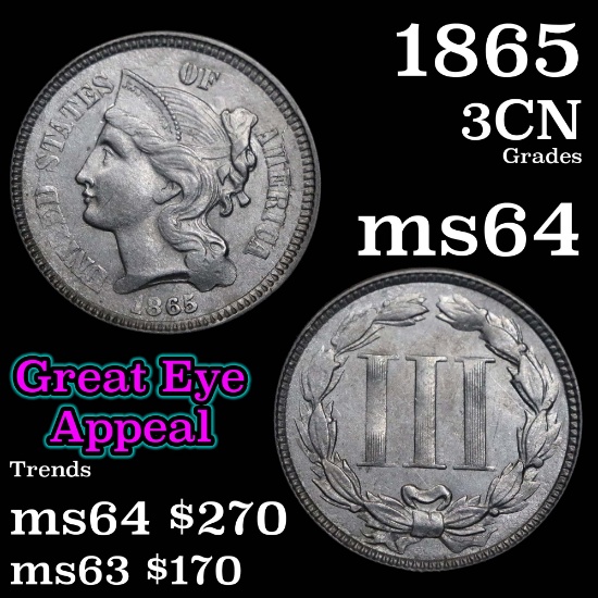 1865 Three Cent Copper Nickel 3cn Grades Choice Unc (fc)