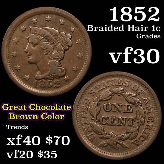 1852 Braided Hair Large Cent 1c Grades vf++