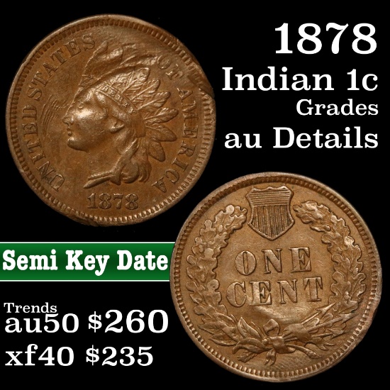 1878 Indian Cent 1c Grades AU Details