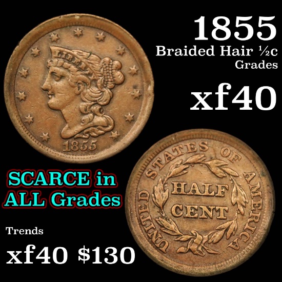 1855 Braided Hair Half Cent 1/2c Grades xf