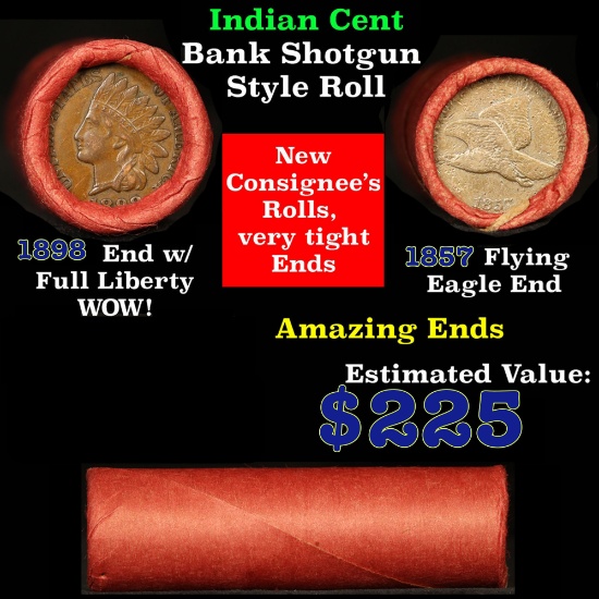 Indian Head Penny 1c Shotgun Roll, 1898 on one end, 1857 Flying Eagle cent on the other (fc)