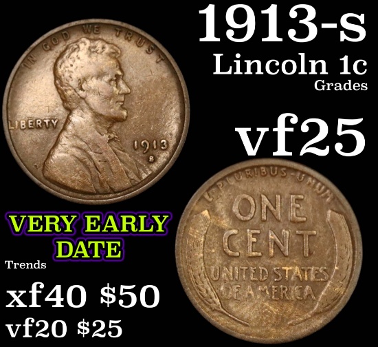 1913-s Lincoln Cent 1c Grades vf+