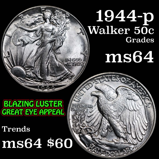 1944-p Walking Liberty Half Dollar 50c Grades Choice Unc