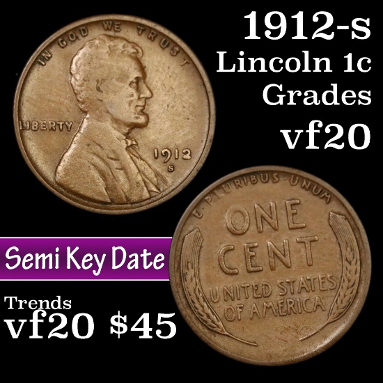 1912-s Lincoln Cent 1c Grades vf, very fine