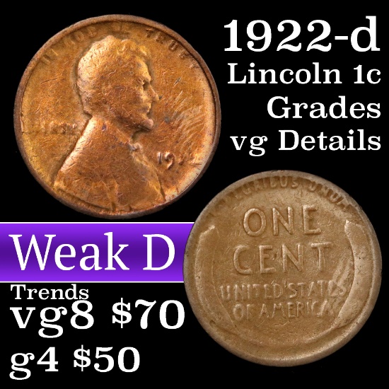 1922-d Weak d Lincoln Cent 1c Grades vg details