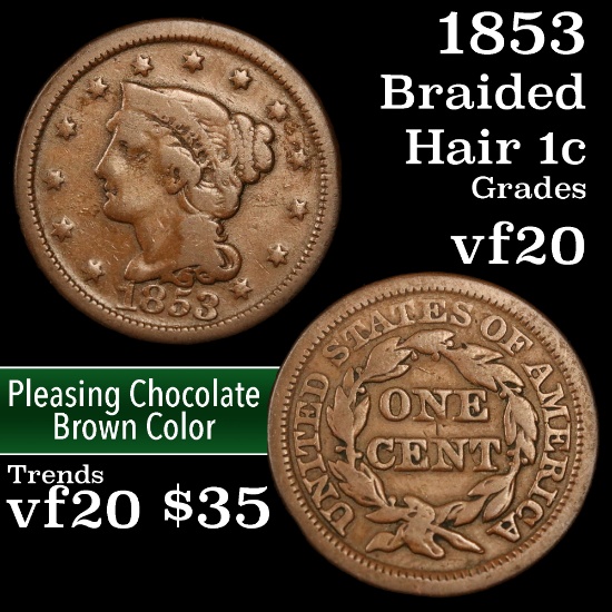 1853 Braided Hair Large Cent 1c Grades vf, very fine