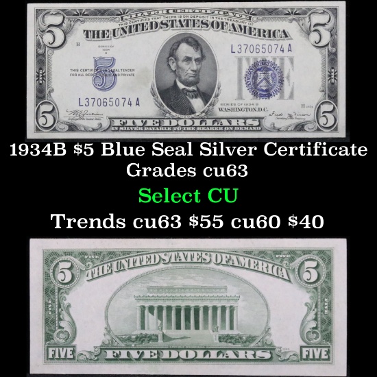 1934B $5 Blue Seal Silver Certificate Grades Select CU