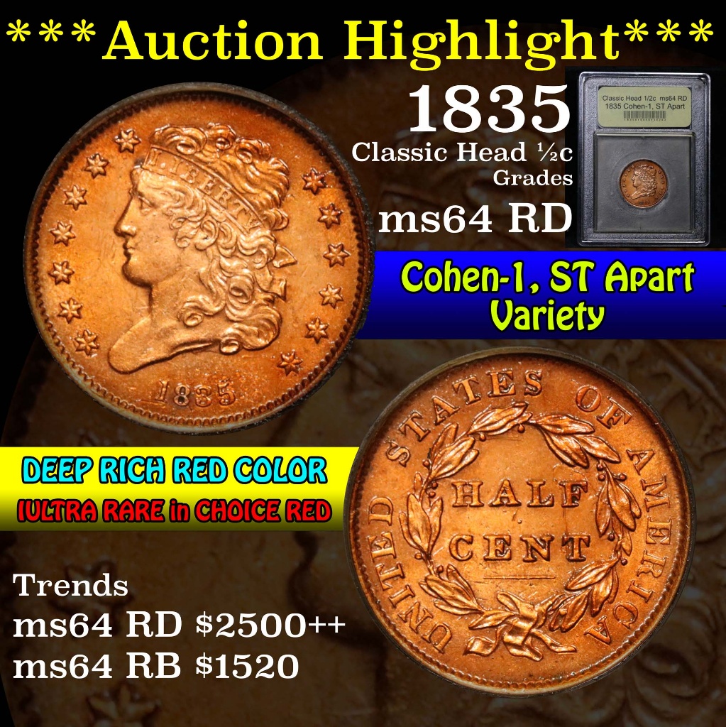 ***Auction Highlight*** 1835 Cohen-1, ST Apart Classic Head 1/2c Graded Choice Unc RD by USCG (fc)