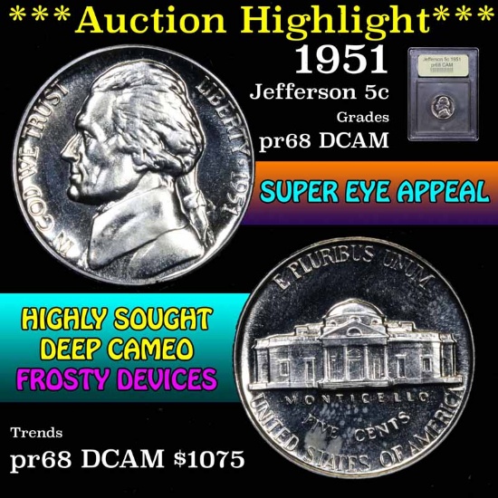 ***Auction Highlight*** 1951 Jefferson Nickel 5c Graded GEM++ Proof Cameo by USCG (fc)
