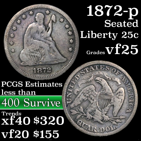 1872-p Seated Liberty Quarter 25c Grades vf+