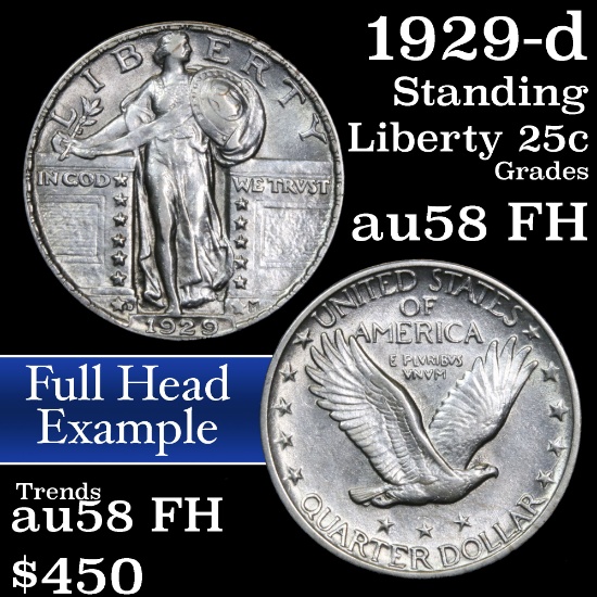 1929-d Standing Liberty Quarter 25c Grades Choice AU/BU Slider FH (fc)