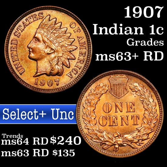 1907 Indian Cent 1c Grades Select+ Unc RD