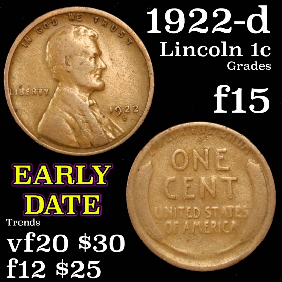 1922-d Lincoln Cent 1c Grades f+
