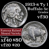 1913-s Ty I Buffalo Nickel 5c Grades vf++