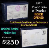 Original Sealed mailer box 1975 proof sets, 5 packs never opened ? Where the no 's' went? (fc)