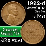 1922-d Weak D Lincoln Cent 1c Grades xf