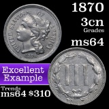 1870 Three Cent Copper Nickel 3cn Grades Choice Unc (fc)